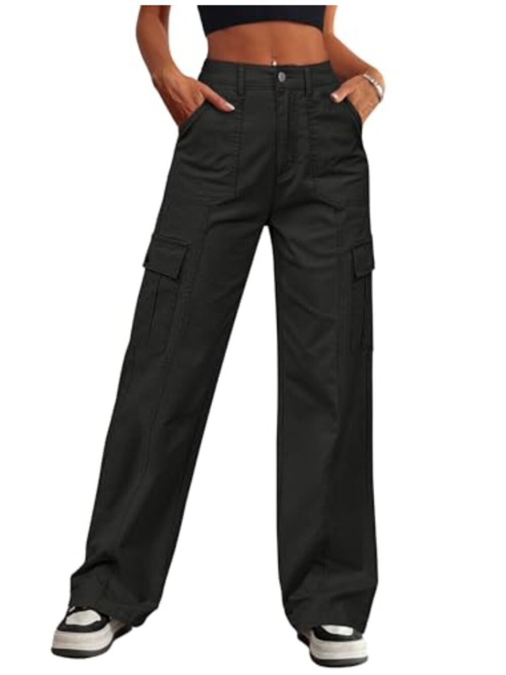 Eddoyee Cargo Pants Women High Waisted 6 Pockets Wide Leg Drawstring